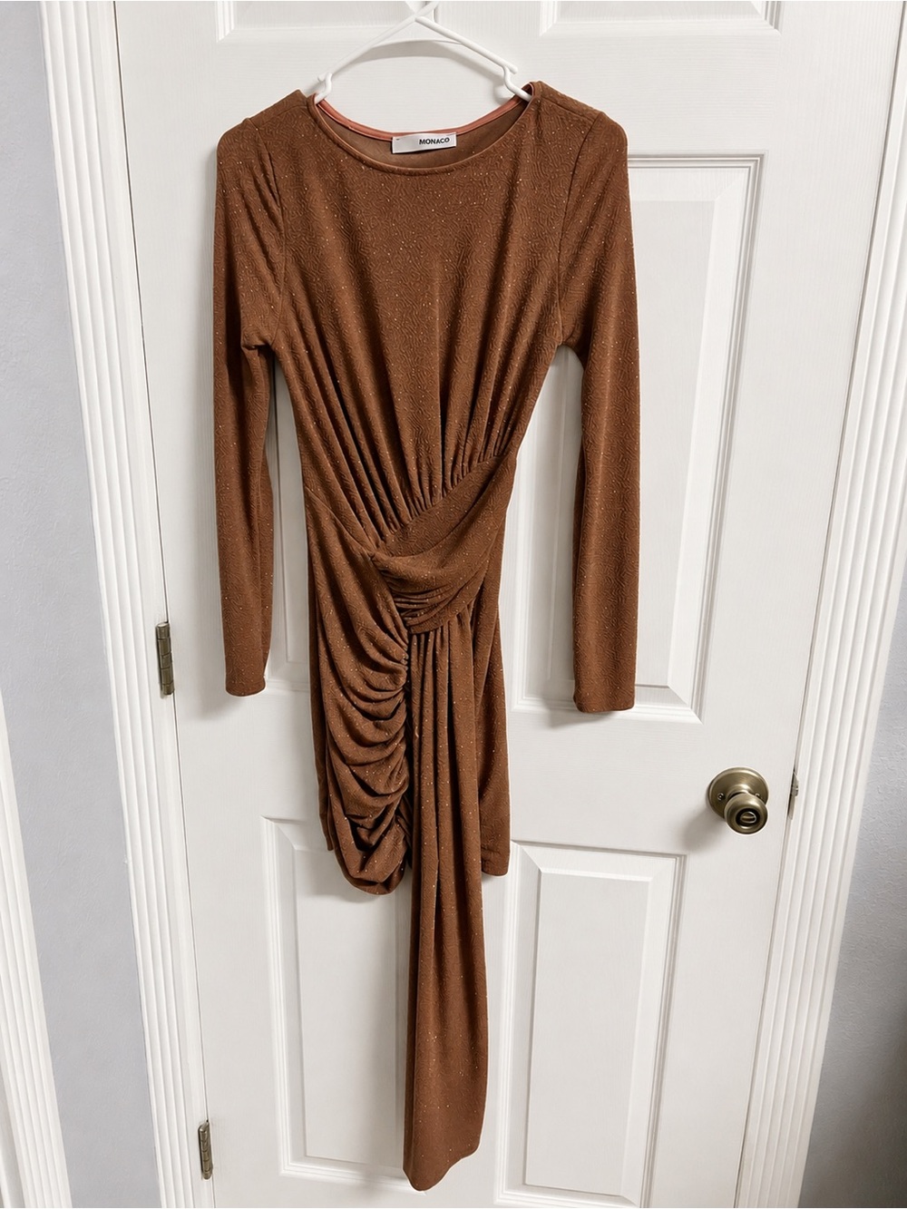 monaco Copper-Brown Ruched Long-Sleeve Draped Dress